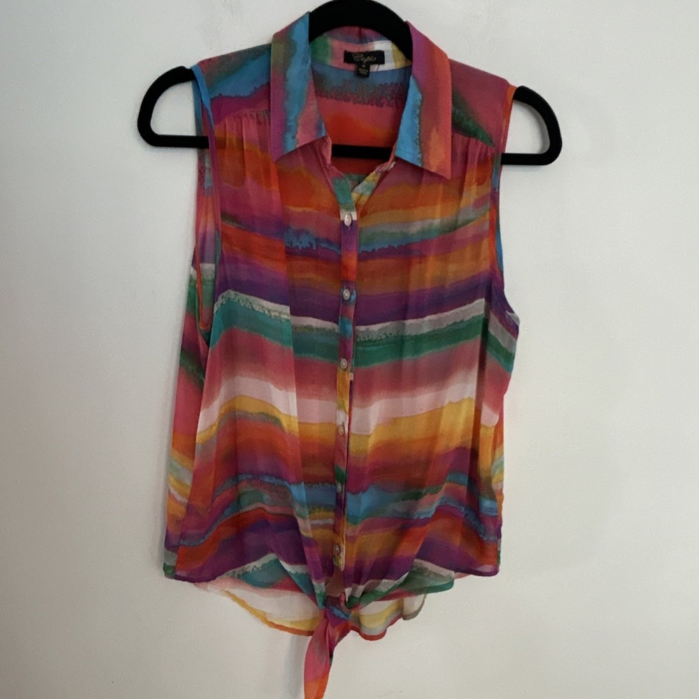 Cupio Multicolor Striped Chiffon Sleeveless Collared Button Tie Hem Blouse M